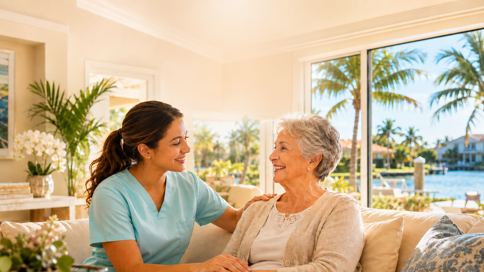 Caregiver sharing a warm moment with a client over tea