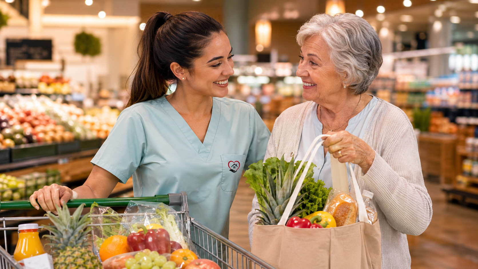 Caregiver helping senior unpack grocery bags