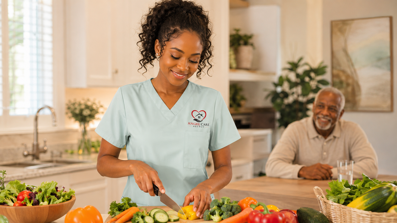 Caregiver and client preparing a meal together in a bright kitchen