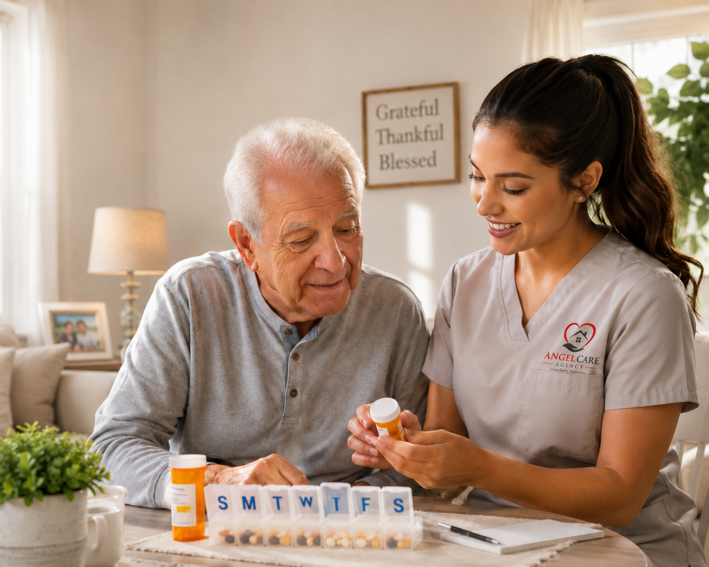 Caregiver gently assisting senior with daily schedule