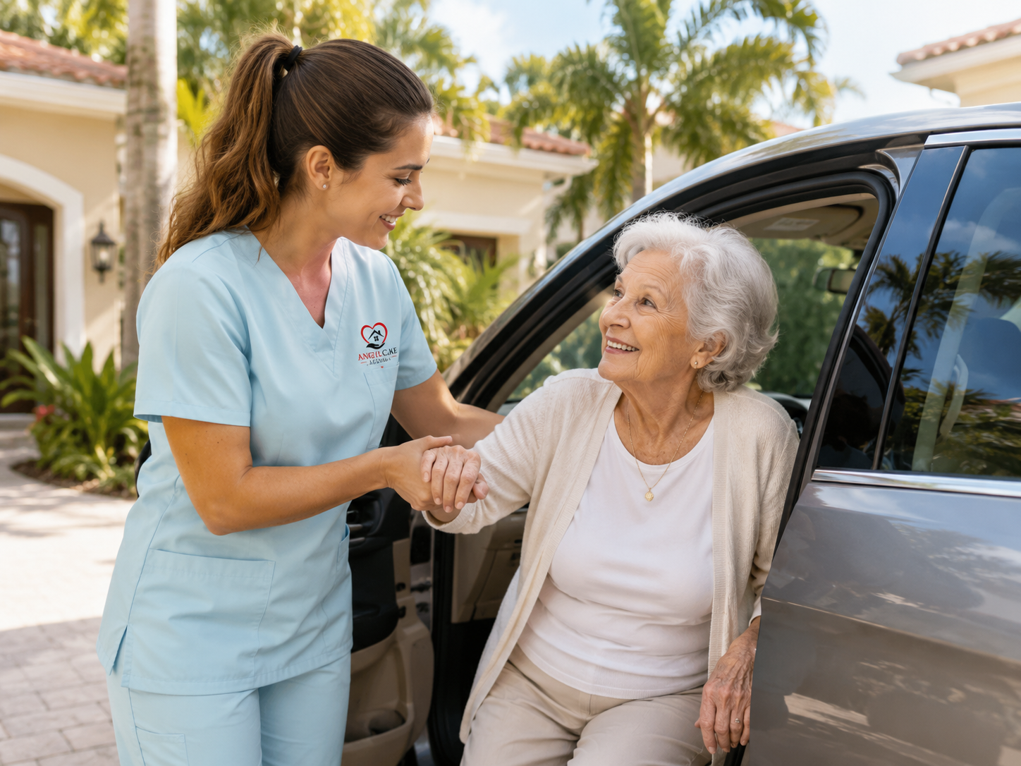 Caregiver walking arm-in-arm with senior outdoors