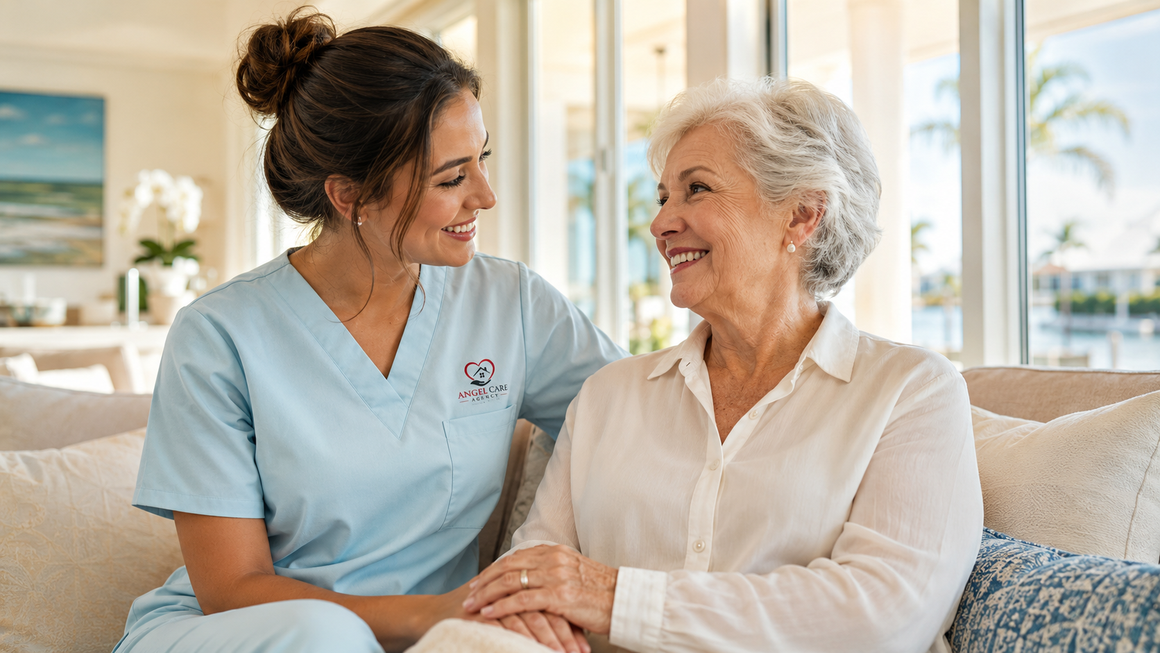 Caregiver and senior chatting warmly on a couch